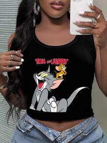 TOM & JERRY X SHEIN Plus Size Cartoon Printed Tank Top For Summer Suitable For Going Out - Black - View 5