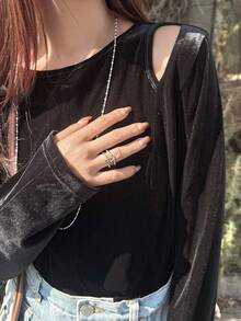 FRIFUL Women's Casual Solid Color Cutout Shoulder T-Shirt - Black - View 3