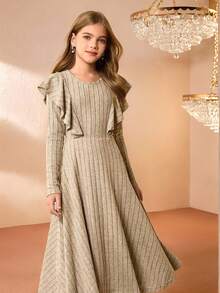 Tween Girl' Round Neck Long Sleeve Ruffle Waist Elegant Halloween Christmas Dress - Grey - View 4