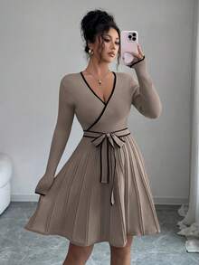 SHEIN Elenzya Women's Elegant Fitted V-Neck Contrast Trim Textured Peplum Hem Sweater Dress, Autumn/Winter - Chocolate Brown - View 7