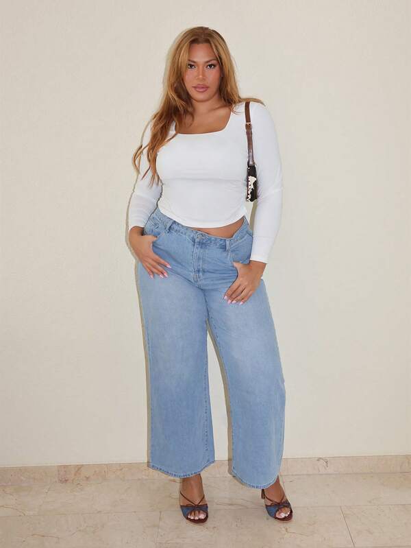 SHEIN SXY Jeans de talle alto lavados en estilo callejero, casuales del estilo Y2K de la década de 2000 para ropa urbana, chica cool de talla grande