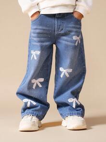 SUMWON Embellished Wide Leg Jeans With Pearl Studs And Bow Appliques For Kids - Medium Wash - View 4