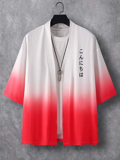 Manfinity Homme Loose Fit Men's Ombre Japanese Letter Graphic Drop Shoulder Kimono Jacket (No T-Shirt Included) Japanese Shirt Men Summer Top Mens Shirta