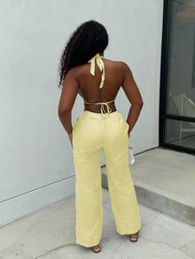 Alexandranx 2pcs Women Blue & White Striped Suit: Cotton Deep V-Neck Backless Halter Top And High Waist Drawstring Wide Leg Pants, Fashion Casual Vacation Everyday Outfit, Spring/Summer - Yellow - View 2