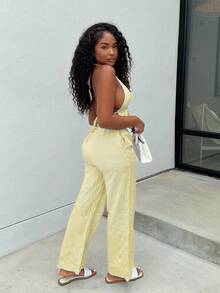 Alexandranx 2pcs Women Blue & White Striped Suit: Cotton Deep V-Neck Backless Halter Top And High Waist Drawstring Wide Leg Pants, Fashion Casual Vacation Everyday Outfit, Spring/Summer - Yellow - View 6