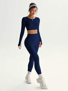 SHEIN Dewbera Conjunto deportivo de top de manga larga y pantalones de cintura alta de unicolor y alta elasticidad para mujer - Azul Marino - Ver 5