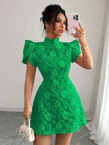 Selianne Váy ngắn tay bồng vải đỏ họa tiết cổ điển thanh lịch hở lưng cổ cao thắt nơ màu tương phản thiết kế độc đáo ôm vừa vặn cho nữ, mùa hè - màu xanh lá - Xem 3