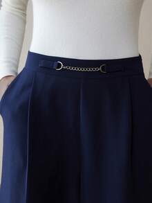 Aveloria Modichic Granatowe, elastyczne, luźne, modne spodnie z szerokimi nogawkami i ozdobnym łańcuchem - Granatowy - Zobacz 3