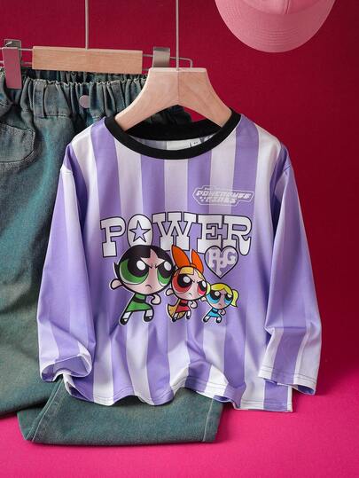 THE POWERPUFF GIRLS X SHEIN Young Girl Cartoon Character Print Purple Ombre Striped Loose Drop Shoulder Long Sleeve Sports Jersey T-Shirt