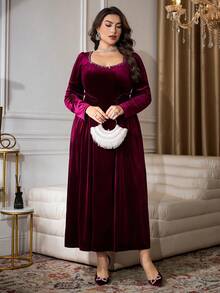 Modelyn 优雅丝绒水钻装饰方领长袖荷叶边A字连衣裙，尺码齐全，适合春秋季穿着。 - 酒紅色 - 查看 4
