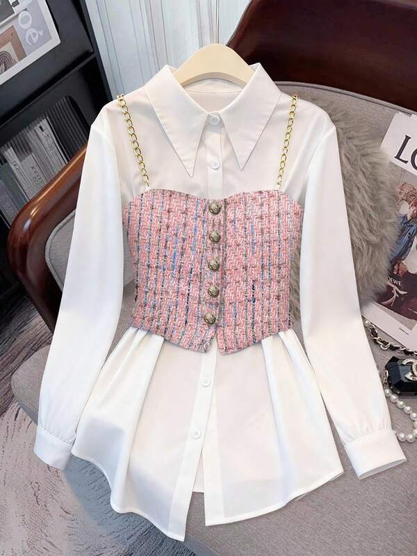 Regalyn Camiseta sin mangas y camisa de manga larga a cuadros de talla grande para mujer, de moda