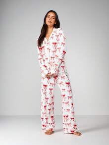 MISSGUIDED Bộ đồ ngủ in nơ tay dài cài nút phía trước cho nữ Bộ đồ ngủ thoải mái cho ngày lễ Giáng sinh - Đỏ - Xem 4