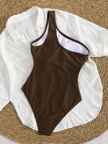 Swim Chiccia Fashion 2026 Women's Elegant Brown Sculpt Ribbed Knit One Shoulder One Piece Swimsuit, Tummy Control Slimming Monokini With Gold Metal Buckle Waist Detail, Casual Elegant Asymmetric Neck High Cut Cheeky Swimwear For Summer Vacation Beach Resort Wear, Holiday Outfits Pool Party Elegant Brown One Piece Bathing Suit For Women - Brown - View 8