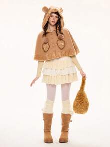 ROMWE Kawaii 女士可爱泰迪熊拼接连帽斗篷，棕色 - 棕色 - 查看 7