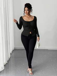 Elenzga 大码合身休闲前系带蝴蝶结纽扣T恤 - 黑色 - 查看 5