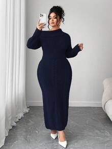 Elenzga Vestito maglia oversize a maniche lunghe da donna, abito casual in maglia a spalle scoperte, abito autunnale/invernale per taglie forti - Blu Navy - Visualizzare 6
