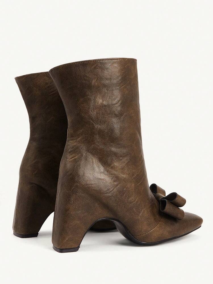 CUCCOO CHICEST Women's Vintage Distressed Faux Leather Ankle Boots With Bowknot, Square Toe, Chunky Heel, Elegant, Sweet, Romantic, Fashionable, Comfortable, Suitable For Afternoon Tea, Date, Party, Office, Holiday, Versatile, Christmas, Thanksgiving, New Year