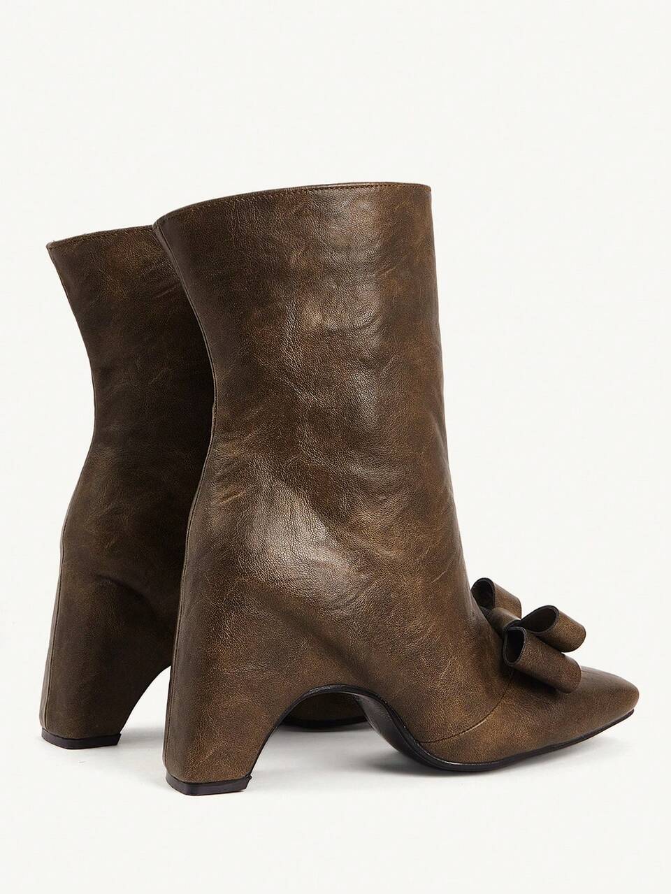 CUCCOO CHICEST Women's Vintage Distressed Faux Leather Ankle Boots With Bowknot, Square Toe, Chunky Heel, Elegant, Sweet, Romantic, Fashionable, Comfortable, Suitable For Afternoon Tea, Date, Party, Office, Holiday, Versatile, Christmas, Thanksgiving, New Year