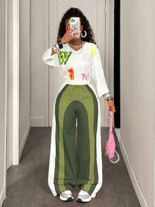 BamGleam Women's Color Block Drawstring Waist Casual Loose Wide Leg Pants