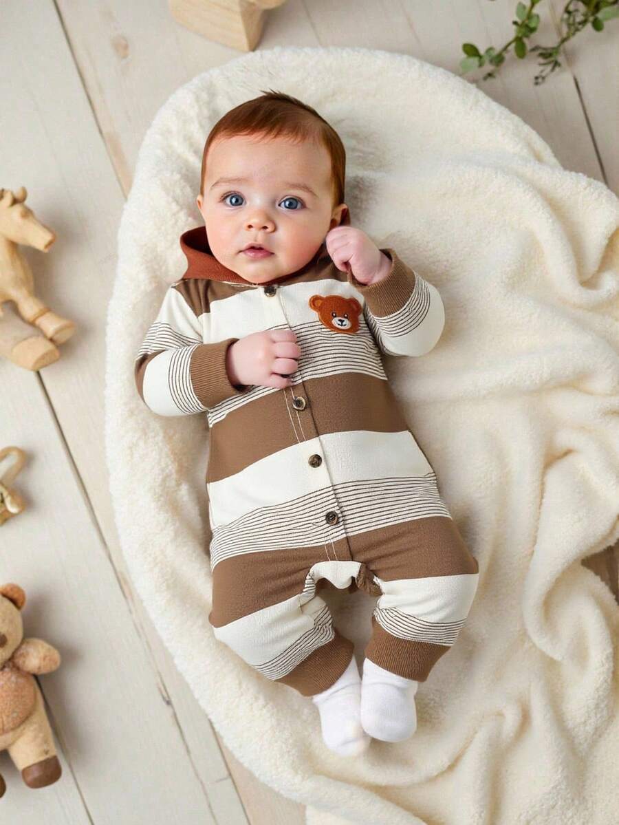 SHEIN 婴儿/幼儿男童休闲撞色连帽条纹可爱小熊连体衣 - 棕色 - 查看 1