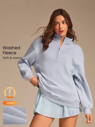 GLOWMODE Sudadera con media cremallera de forro polar suave y cómoda con lavado ácido, de ajuste relajado, para uso diario y casual en otoño e invierno al aire libre