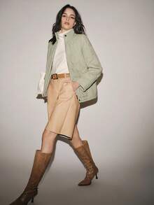 Lumivelle 女士常规版型秋冬绗缝浅肩3D葫芦花优雅浅绿色假日外套，宽松休闲通勤百搭绗缝大衣