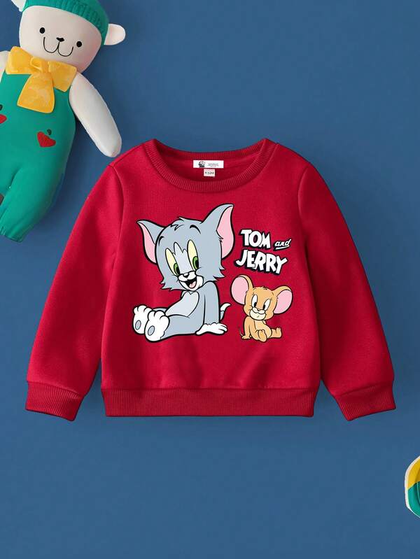 TOM & JERRY X SHEIN Baby Jungen Lässig Cartoon Katze & Buchstaben Muster Rundhals rotes Sweatshirt, Herbst
