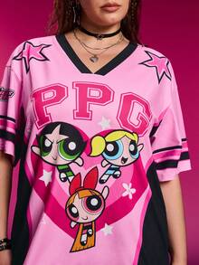 THE POWERPUFF GIRLS X SHEIN Plus Size Summer Cute Blossom, Bubbles, Buttercup Pattern V-Neck Short Sleeve T-Shirt Graphic Tees Women Oversized - Pink - View 6
