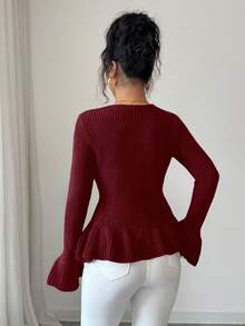 Selianne Women's Elegant Metal Buckle Cuff & Ruffle Hem Design Long Sleeve Sweater, Autumn/Winter - Burgundy - View 2