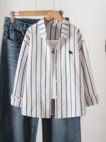 SHEIN 少女休闲条纹前开襟落肩衬衫，秋季款 - 藍色 - 查看 1