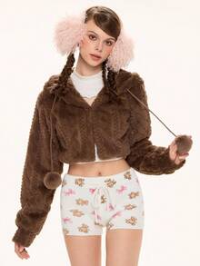 ROMWE Kawaii Cute Bear Ear Hooded Fuzzy Ball Short Jacket - Brown - View 5