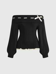 ROMWE Kawaii Áo len nữ trễ vai đính nơ dễ thương và nhẹ nhàng - màu đen - Xem 1