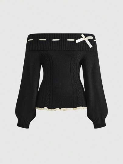 Kawaii Pull ajusté pour femmes avec nœud papillon à l'épaule, doux et mignon