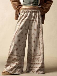 Bohemela BOHO Casual Vacation Nomadic Style Paisley Knit Print Loose Wide Leg Women Sweatpants, Autumn/Winter - Khaki - View 5