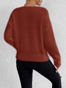 EMERY ROSE White V-Neck Casual Soft Knit Sweater, Long Sleeve Pullover Top, Autumn/Winter - Rust Brown - View 2