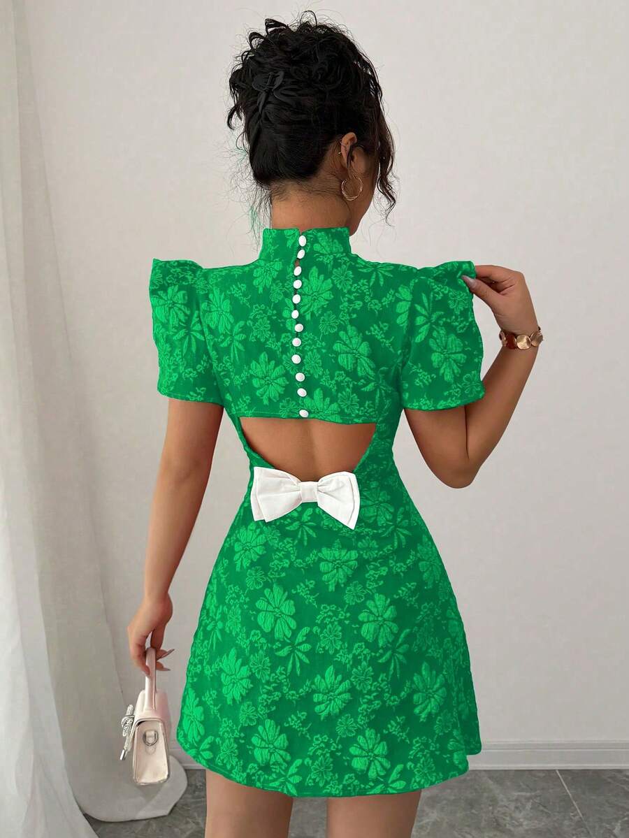 Selianne Váy ngắn tay bồng vải đỏ họa tiết cổ điển thanh lịch hở lưng cổ cao thắt nơ màu tương phản thiết kế độc đáo ôm vừa vặn cho nữ, mùa hè - màu xanh lá - Xem 1