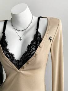 Elamini Chemise à manches longues pour femmes, col polo, patchwork en dentelle, broderie, demi-patte de boutonnage, coupe slim, couleur kaki, design minimaliste, élégant rétro. Convient pour le travail, les sorties, les rendez-vous, les tenues décontractées et quotidiennes, polyvalente.