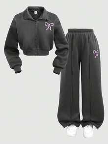 SHEIN Conjunto de 2 piezas de sudadera con cuello alto con cremallera, bordado de lazo y pantalones rectos con forro térmico para niñas preadolescentes, estilo de moda callejera casual, otoño/invierno - Gris Oscuro - Ver 8