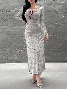 Feyla 女士蝴蝶结印花长袖休闲中长连衣裙 - 酒紅色 - 查看 3
