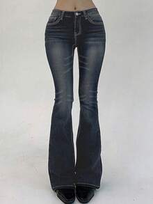 DAZY 女士修身低腰喇叭长款牛仔裤 低腰牛仔裤 - 灰色 - 查看 3