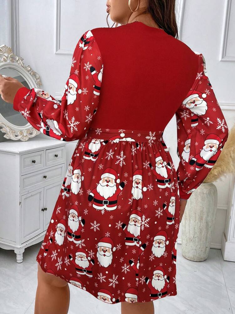 Plus Size Stand Collar Colorblock Ditsy Floral Fitted Waist A-Line Casual Holiday Dress - Multicolor - View 2