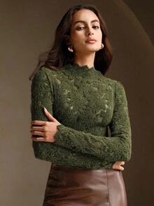 Anewsta 1pc Women's Elegant Solid Color Long Sleeve Hollow Out Stretchy T-Shirt