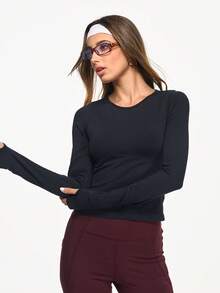 Eassivo Eassivo 女式纯色圆领长袖休闲健身运动T恤 - 黑色 - 查看 6