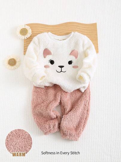 Cozy Pixies 2pcs Baby Girl Heart Pattern Contrast Color Crew Neck Long Sleeve Top And Elastic Cuff Pants Set Cozy Pixies Baby Girl Set Baby Set Autumn Winter Season Cat Outfit For Baby Baby Girl Warm Sets Toddler 2 Piece Winter Fur Clothing