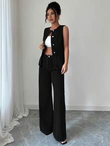 Elenzga 女士休闲日常通勤简约纯色无袖单排扣修身牛仔上衣和直筒牛仔裤套装 - 黑色 - 查看 3