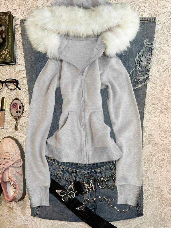 Glimmora Women's Fur Collar Hooded Slim Fit Sweatshirt Jacket