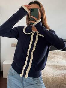 Livesso Women's Ruffled Collar Cardigan, Autumn/Winter - Navy Blue - View 4