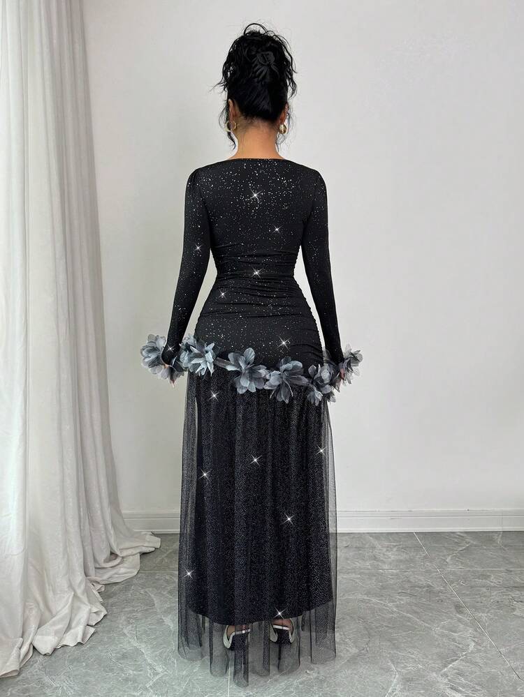Elenzga New Arrival Romantic Vacation Design Floral Lace Trim Deep V-Neck Glitter Mesh Patchwork Dress For Women - Black - View 2