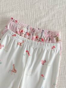 SHEIN Vintaside Kids 4件套女童可爱天鹅花卉印花撞色长袖上衣和打底裤睡衣套装 - 彩色 - 查看 5