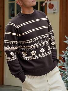 DAZY Men's Vintage Jacquard Pattern Crew Neck Sweater, Autumn/Winter,New Year,Christmas - Brown - View 1